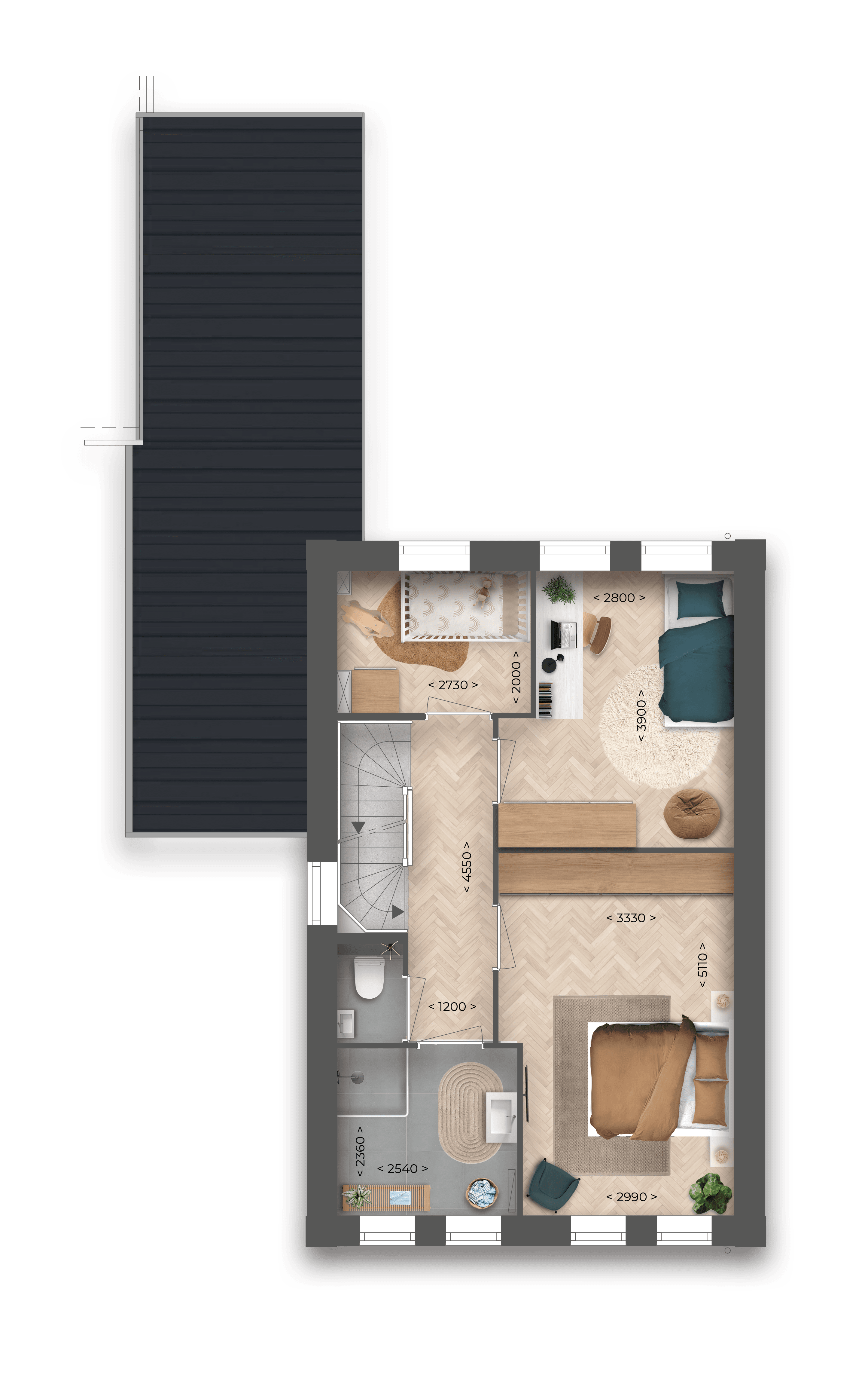 Plattegrond van verdieping met twee slaapkamers, badkamer en overloop
