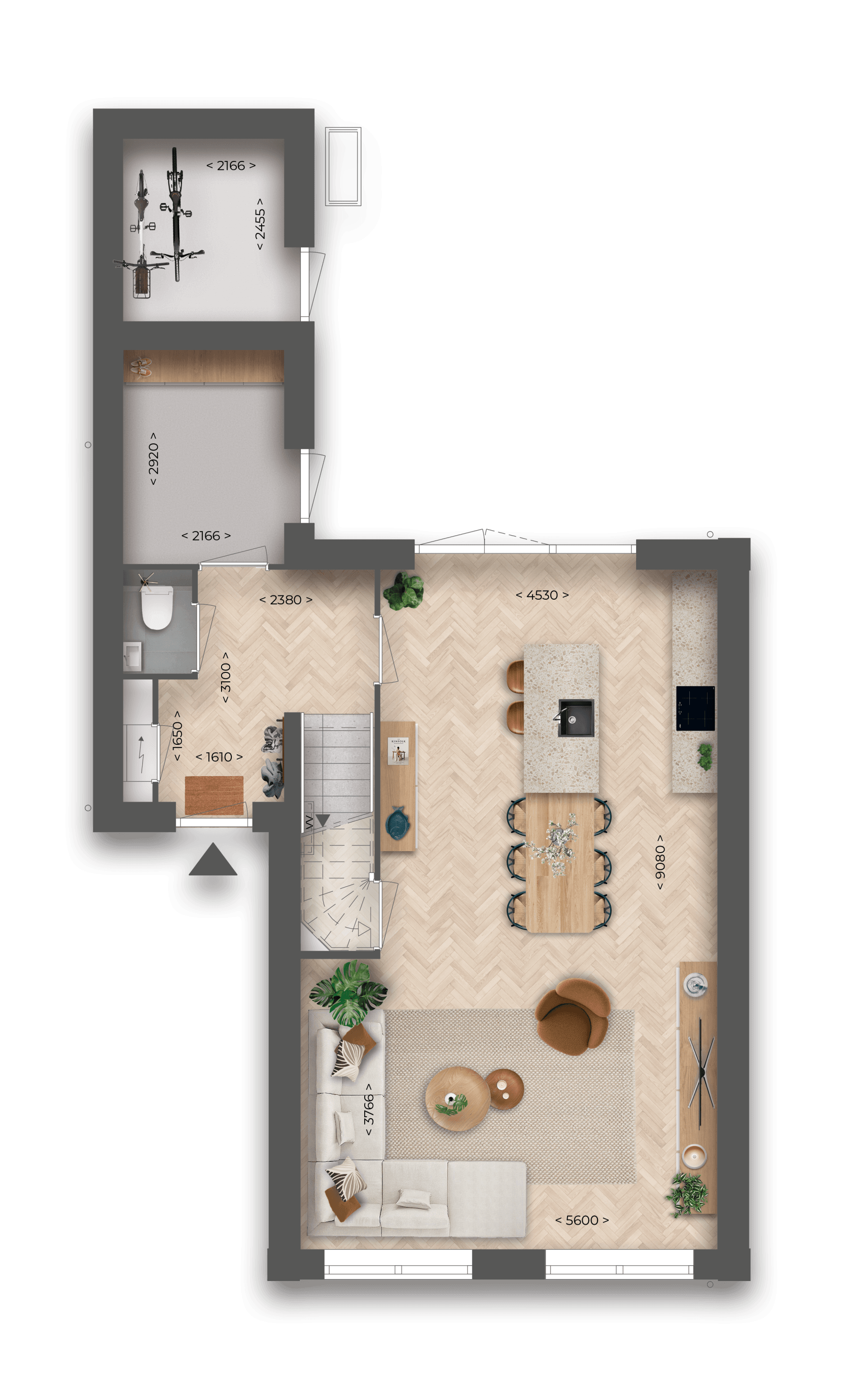 Plattegrond begane grond met woonkamer, keuken, hal, toilet en berging, maatvoering in millimeters
